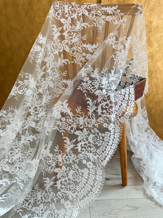 White Chantilly lace fabric for wedding dress, veil, bridal robe