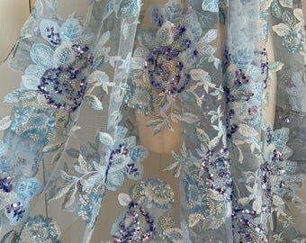 Tela bordada con cuentas azul bebé y flores, tela de cuentas pesadas con flores 3D para vestidos, alta costura