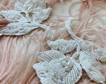 3d ivory bead tulip patch, 3d bead embroidery appliqué, beadwork flower millinery supplies