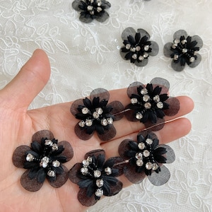 5pcs black organza flowers applique, handcrafted flowers patch for garment alteration