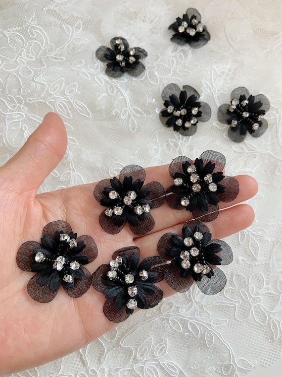 5pcs black organza flowers applique, handcrafted flowers patch for garment alteration