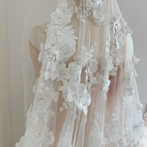 Off white tulle lace fabric with 3d flowers for veil, bridal dress, couture, wedding dress, wedding gown, bridal headpiece