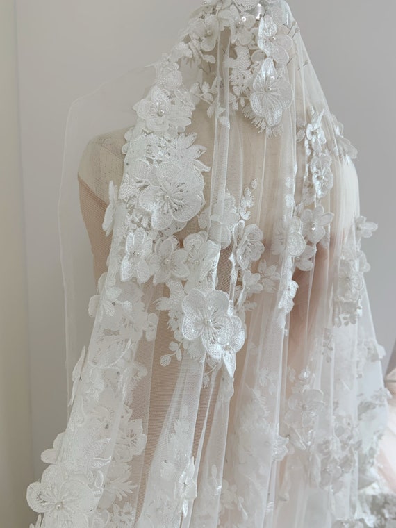 Off white tulle lace fabric with 3d flowers for veil, bridal dress, couture, wedding dress, wedding gown, bridal headpiece