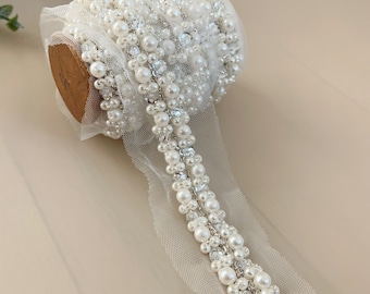 Nastro decorativo con perline e strass per cinture, tracolle, decorazioni per matrimoni e feste.