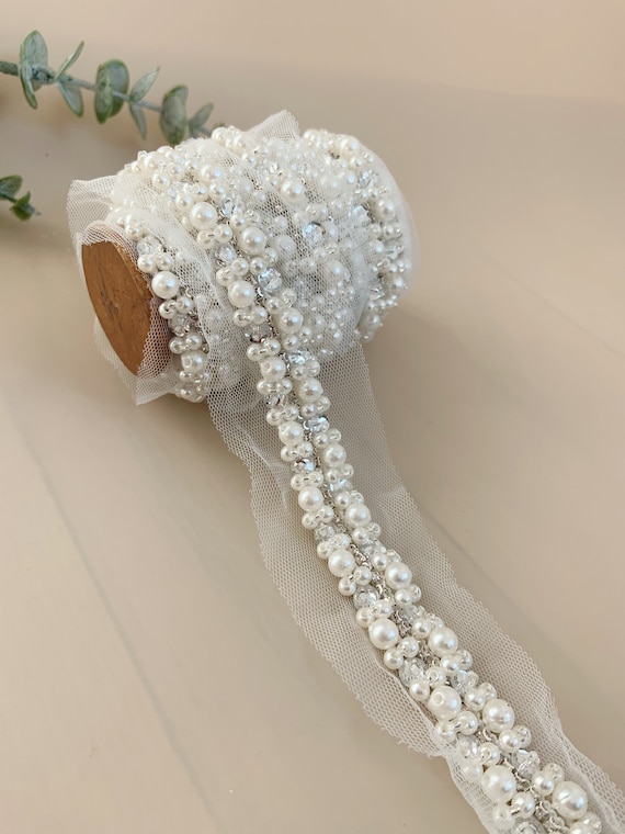 pearl rhinestone bead trim tape for belt, straps, wedding decors, party decors