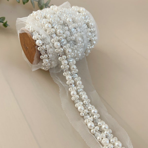 pearl rhinestone bead trim tape for belt, straps, wedding decors, party decors