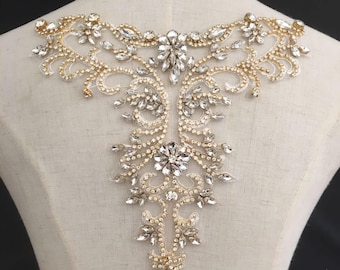 SALE gold rhinestone bridal neckline applique for bridal, rhinestone neckline collar for wedding dress, rhinestone neckline
