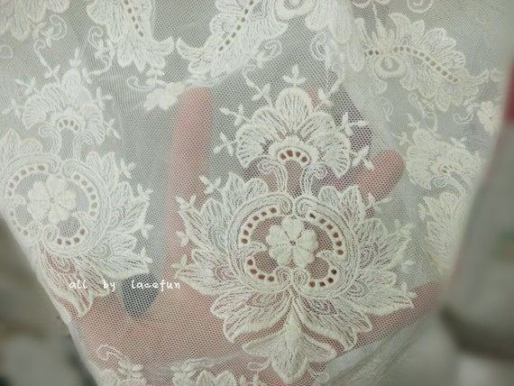 ivory Tulle Lace Fabric, embroidered Mesh lace fabric