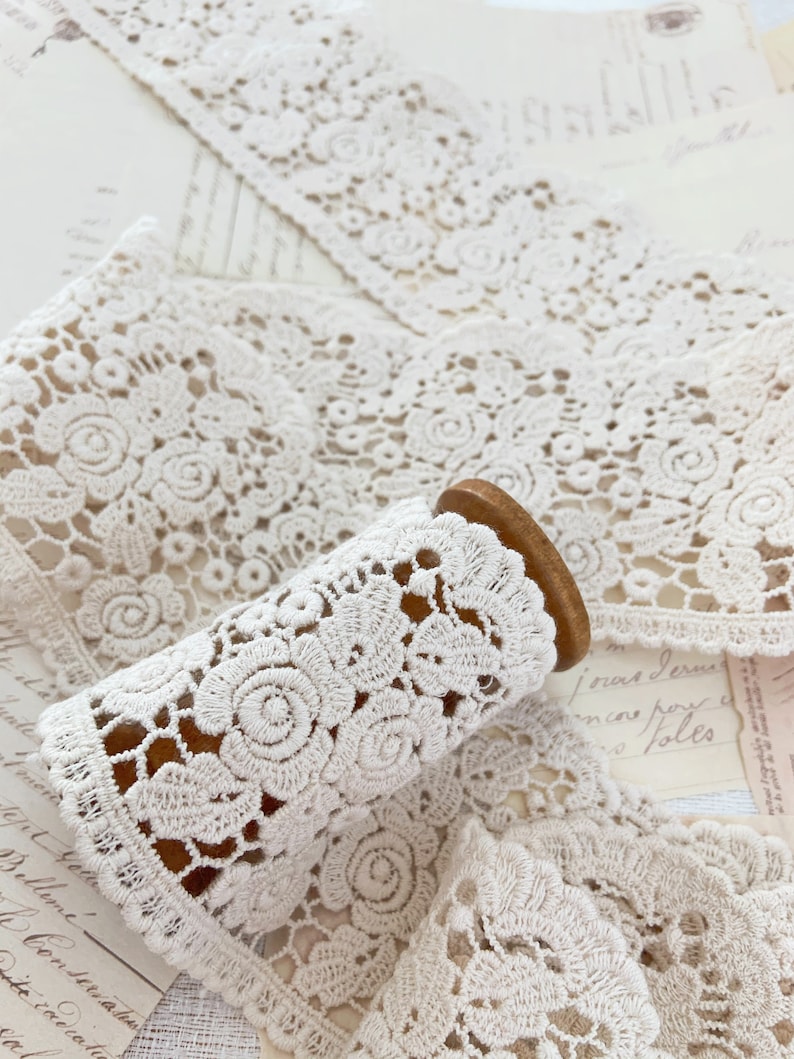 10 yards Cotton Lace Trim, vintage style lace trim, cotton Guipure trim lace with roses cotton lace trim by yard, lace border image 2