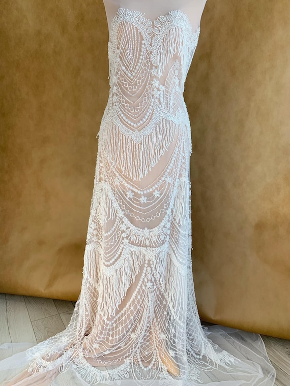 White bead tulle fabric with fringes for dress, heavy beading embroideries fabric for wedding dress