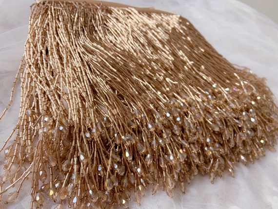 Rose gold bead Fringe trim for haute couture, dance costume trim | 5.9 inches