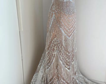 Tela de tul con cuentas plateadas y flecos para vestidos, tela con bordados de cuentas