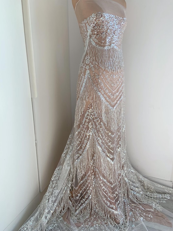 Silver bead tulle fabric with fringed for dress, beading embroideries fabric