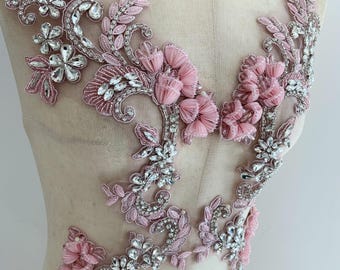 Rhinestone applique with light pink lily flowers, handcrafted pink floral patch