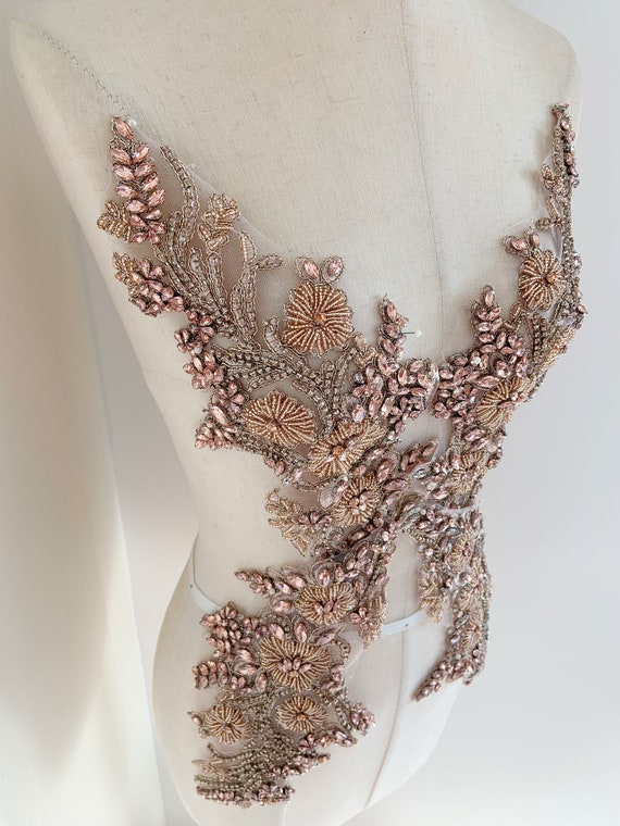 Peach rhinestone applique with florals, blue crystal bodice patch, heavy rhinestone patch for couture and dance costume