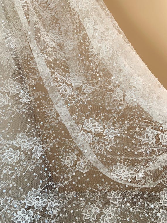White bead Chantilly lace fabric with, heavy beading Chantilly lace fabric for wedding dress
