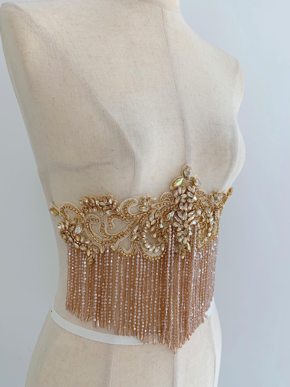 Champagne gold Rhinestone applique patch with fringe for dance costume, body jewelry with tassels, embellishment for couture