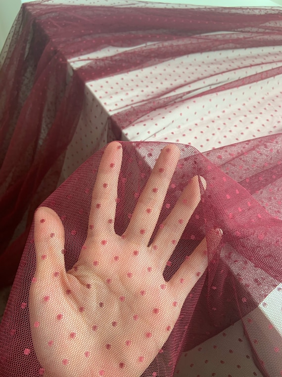 Burgundy tulle Lace fabric with polka dots, dotted tulle lace fabric, color #10 , burgundy tulle fabric