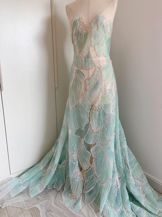 Mint 3D floral embroidery fabric with sequins and beadwork, 3D textured floral motifs tulle fabric with bead embellishments