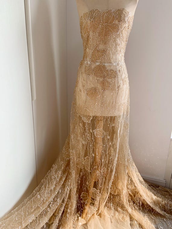 Gold tan Beaded Chantilly lace fabric for dress, sequined tulle fabric for couture, evening dress, prom dress