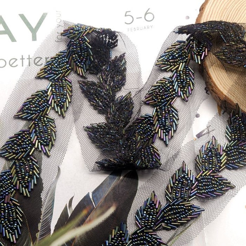 1.7 yards black AB heavy bead trim with leaves bugle bead Etsy