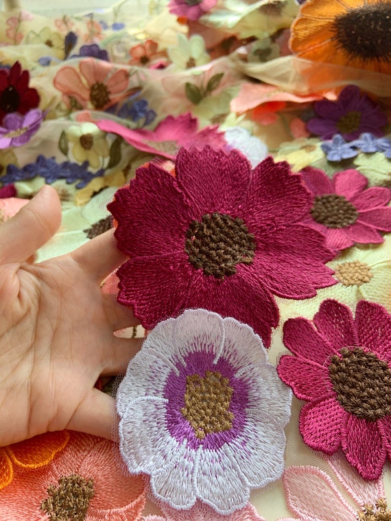 Colorful 3d flowers embroidered tulle lace fabric for couture, dress