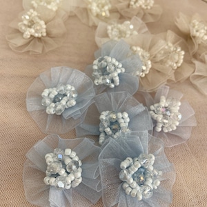 5pcs blue 3d florals applique, heavy bead petals with rhinestone, hand crafted flowers