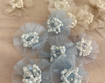 5pcs blue 3d florals applique, heavy bead petals with rhinestone, hand crafted flowers