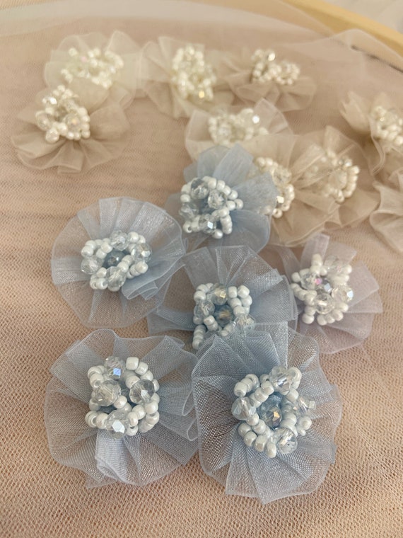 5pcs blue 3d florals applique, heavy bead petals with rhinestone, hand crafted flowers