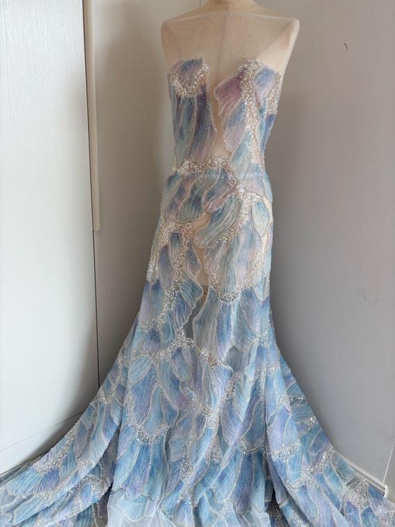 Ombré blue 3D floral embroidery fabric with sequins and beadwork, 3D textured floral motifs tulle fabric with bead embellishments