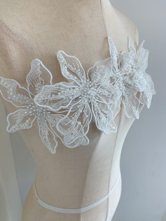 2pcs white bead organza flowers appliqué patch for dress garments dance costume