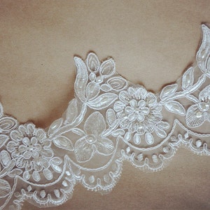 ivory Bridal Lace trim, beaded Alencon Lace Trim, wedding lace, silver embroidered lace, trim lace, scalloped lace trim CGDZ046B image 5