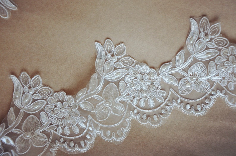 ivory Bridal Lace trim, beaded Alencon Lace Trim, wedding lace, silver embroidered lace, trim lace, scalloped lace trim CGDZ046B image 5