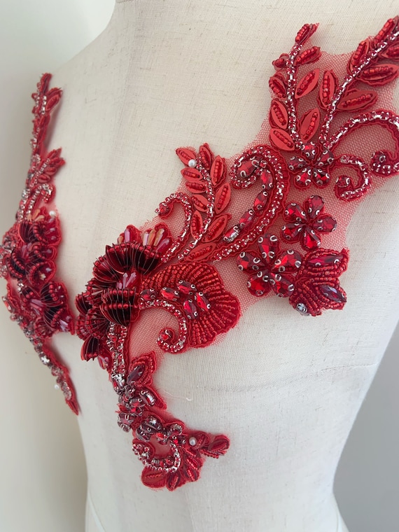 Red Rhinestone applique with 3d florals for couture, crystal bodice patch, handmade bodice patch for dance costume