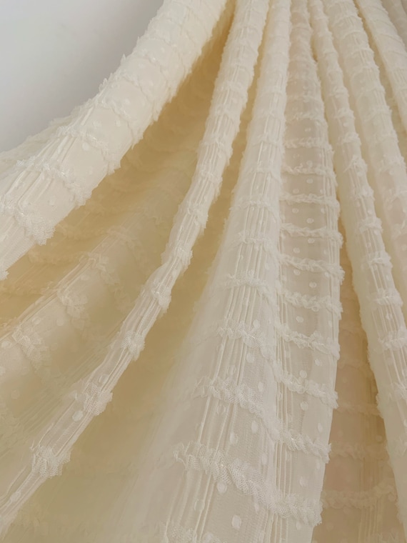 Ivory beige creased chiffon fabric with ruffles and polka dots, chiffon fabric with frills for dress couture