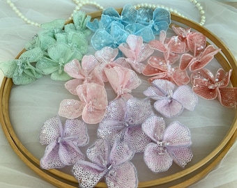 5pcs bead flowers applique, heavy bead scarlet floral petals, green blue pink purple flowers patch