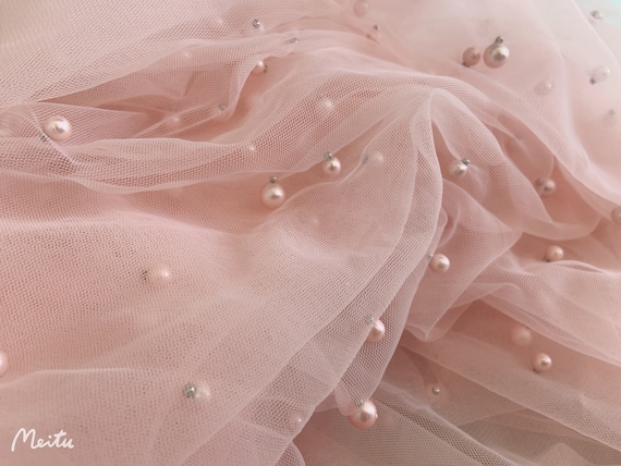 Light pink pearl bead tulle fabric, pearl beading tulle lace fabric for bridal veils, bridal dress, wedding prop backdrop