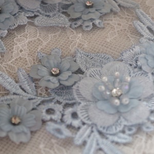 2pcs blue lace applique, 3D heavy bead lace applique with roses, 3D flowers lace applique, bridal lace appliques, bridal headpiece
