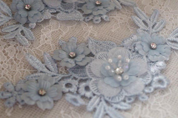 2pcs blue lace applique, 3D heavy bead lace applique with roses, 3D flowers lace applique, bridal lace appliques, bridal headpiece