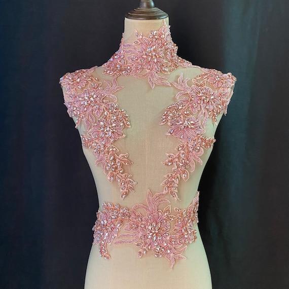 Pink rhinestone applique for couture, costume, dress, crafted florals motif bodice, deluxe bead florals applique for haute couture