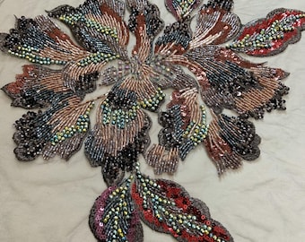 Black bead embroidery with peony flowers, heavy bead flowers patch with for dress, supplies