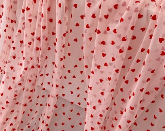 4 Way Stretch Tulle Fabric With Red Velvet Hearts, Pink Stretchy