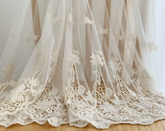 ivory embroidered tulle lace fabric with eyelet florals , beige mesh lace fabric