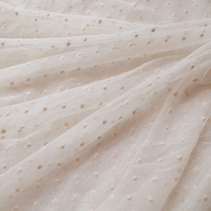 ivory cream Lace fabric with polka dots, Embroidered tulle lace fabric with cotton dots