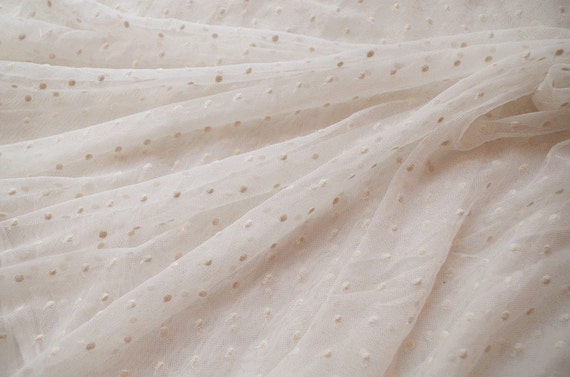 ivory cream Lace fabric with polka dots, Embroidered tulle lace fabric with cotton dots
