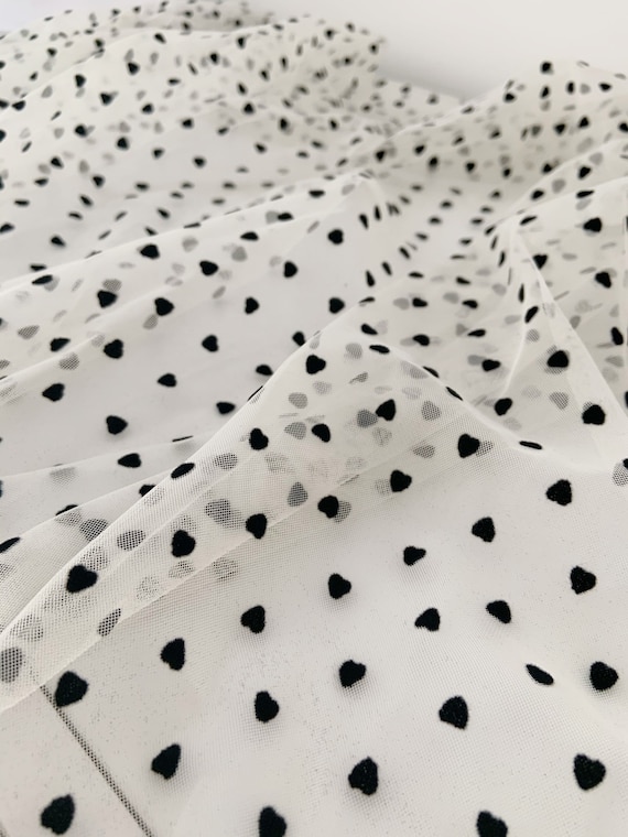 Ivory tulle fabric with velvet hearts, tulle mesh fabric with velvet hearts