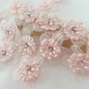 5 pcs pink handcrafted flowers applique, handmade flowers petals with rhinestone and beads