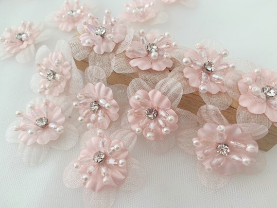 5 pcs pink handcrafted flowers applique, handmade flowers petals with rhinestone and beads