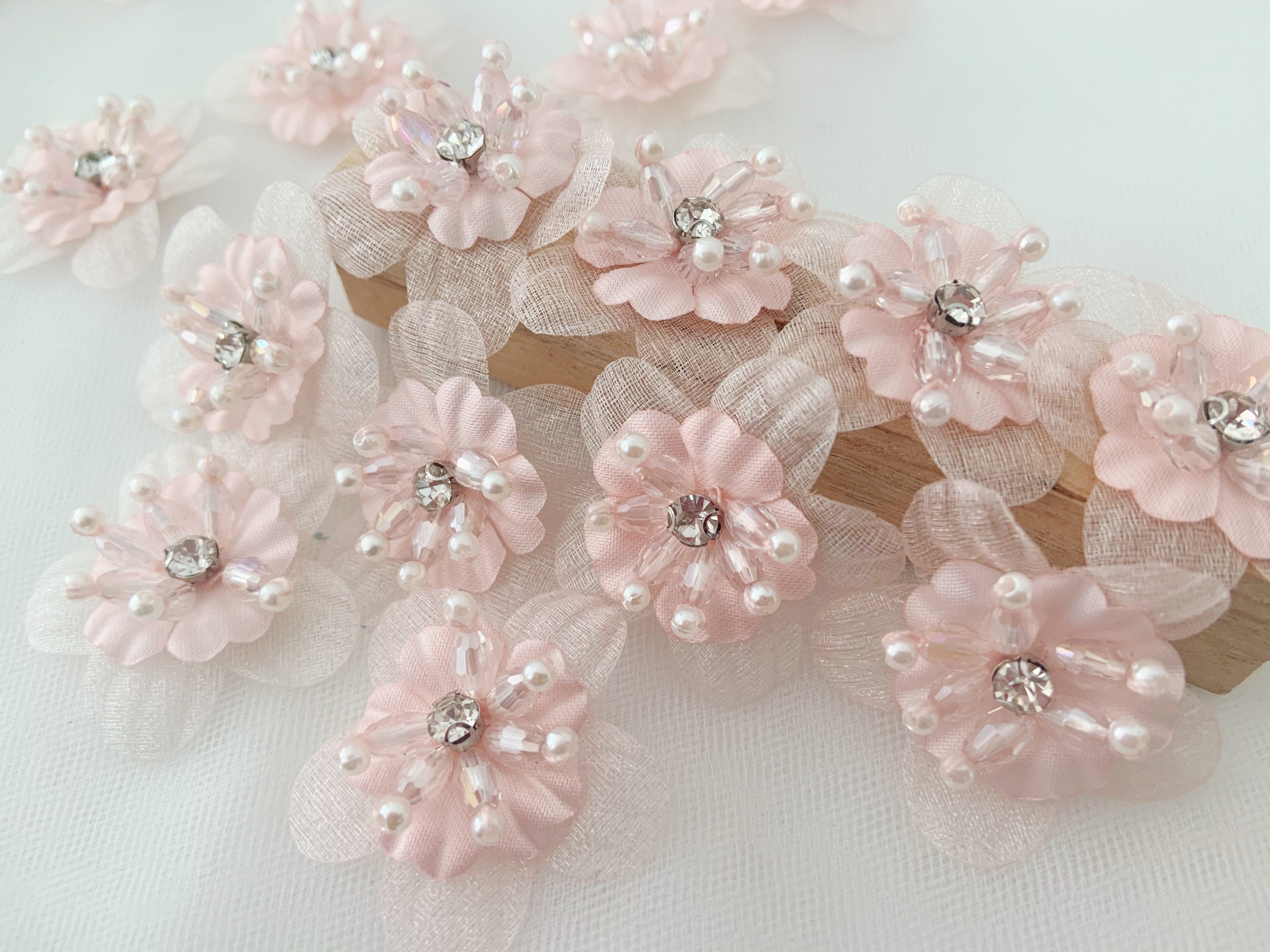 5 Pcs Pink Handcrafted Flowers Applique, Handmade Flowers Petals