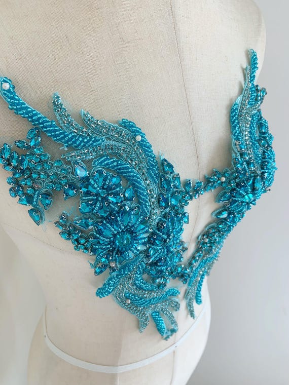 Light lake blue rhinestone applique patch for dance costume, crystal bodice patch for dress